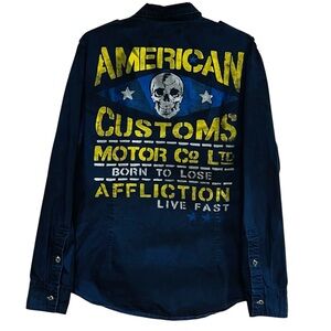 Affliction American Customs Skull Graphic Button-Down Shirt - Men's Blue / Black